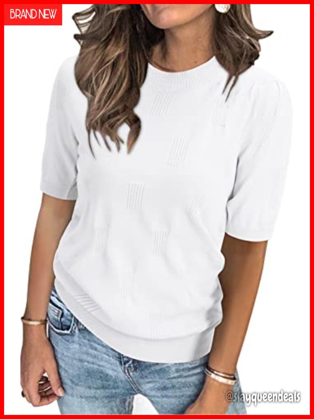 Short Sleeve Crew Neck Textured Knit Top Teacher Work Sweater
